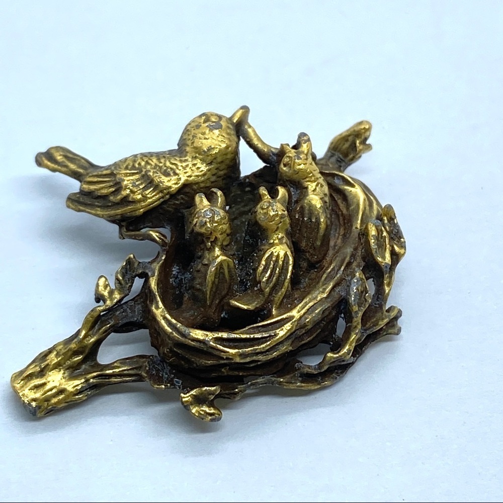 Anson Pewter Gold/Brass Plated Birds In Nest Pendant Vintage